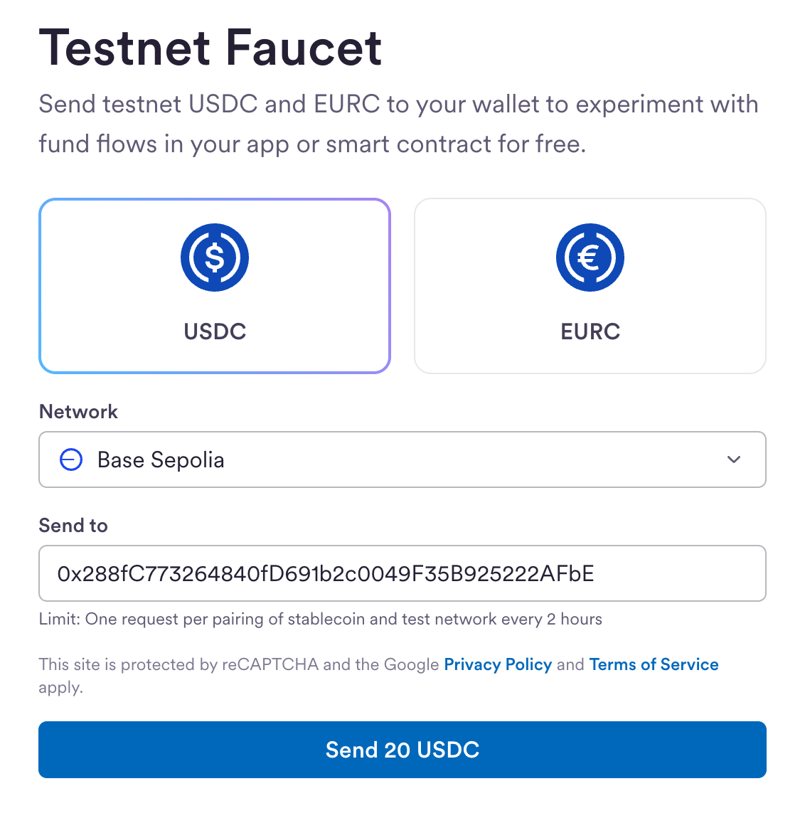 Circle Faucet:選擇 Base Sepolia 並輸入付款錢包地址領取 20 USDC