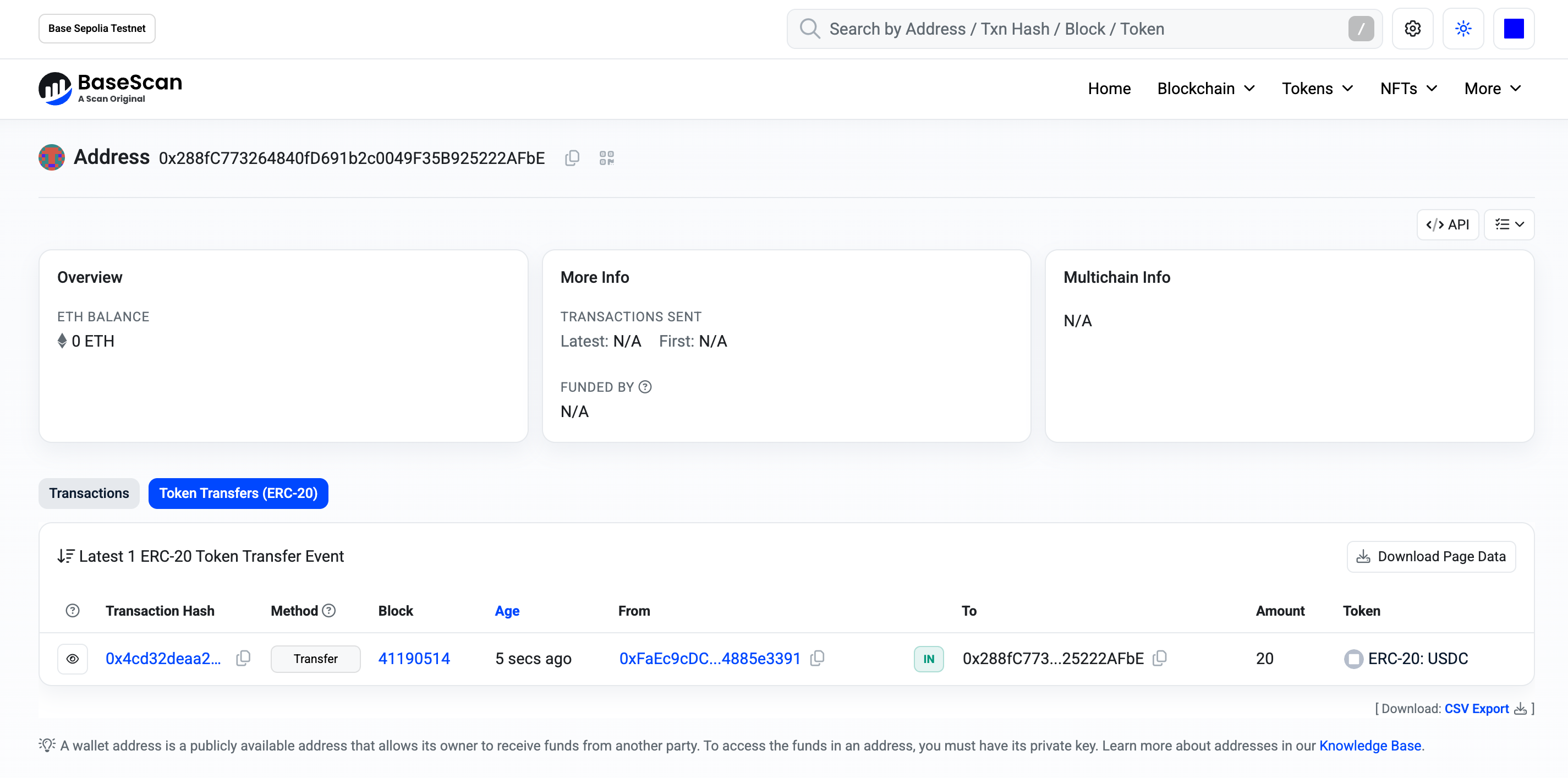 Base Sepolia Scan Token Transfers 頁面確認 USDC 到帳