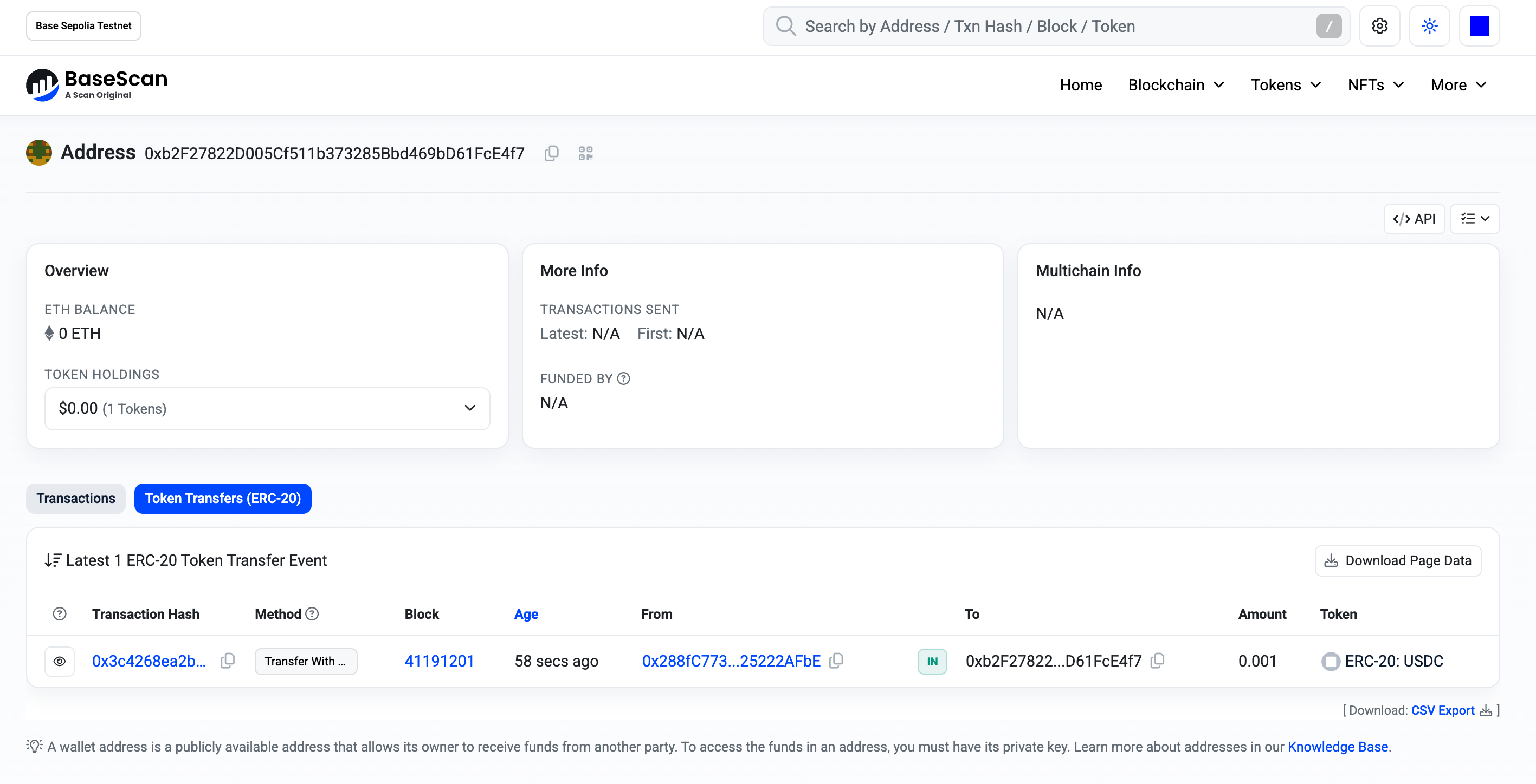 Base Sepolia Scan:收款錢包的 Token Transfers 頁面顯示 USDC 入帳紀錄