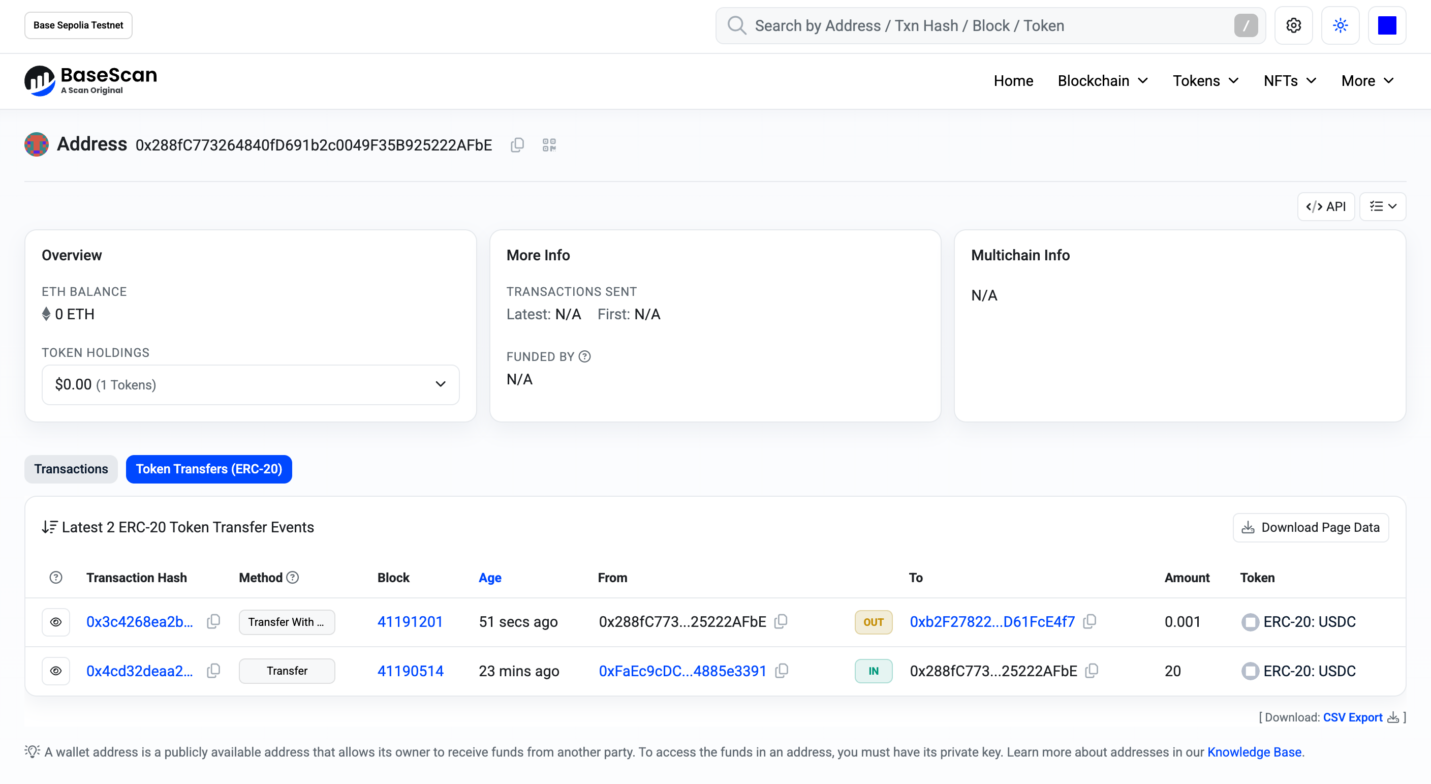 Base Sepolia Scan:付款錢包的 Token Transfers 頁面顯示 0.001 USDC 轉出