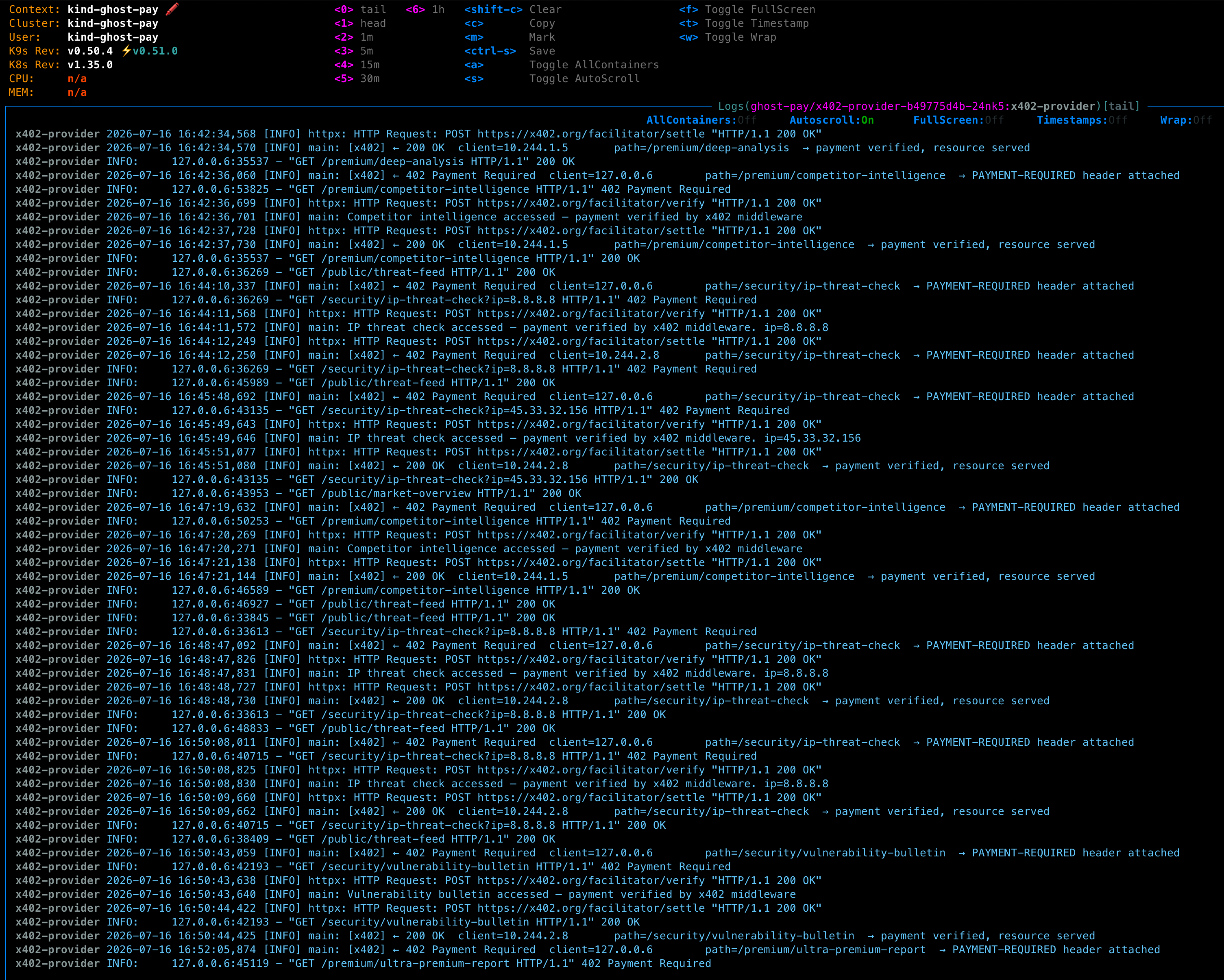 x402-Provider logs:顯示合法結算請求的處理紀錄,超額請求由於被 Paymaster 攔截而未出現在此